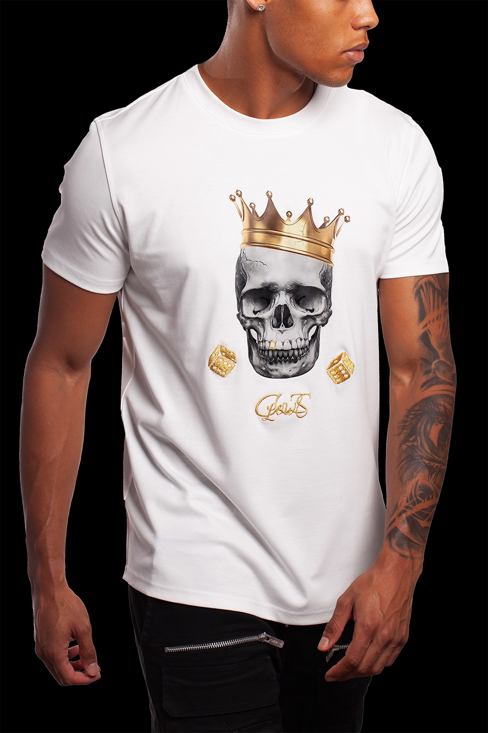 White Art T Shirt embroidered with the worlds finest Piana Clerico 24-carat gold thread- made exclusively in Italy designed in Ireland