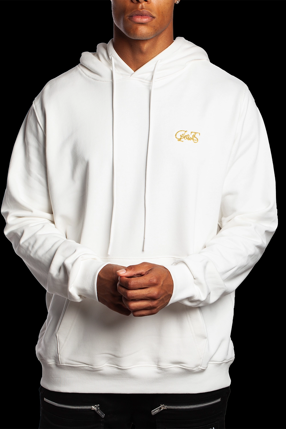 Premium White Hoodie embroidered with the worlds finest Piana Clerico 24-carat gold thread- made exclusively in Italy designed in Ireland