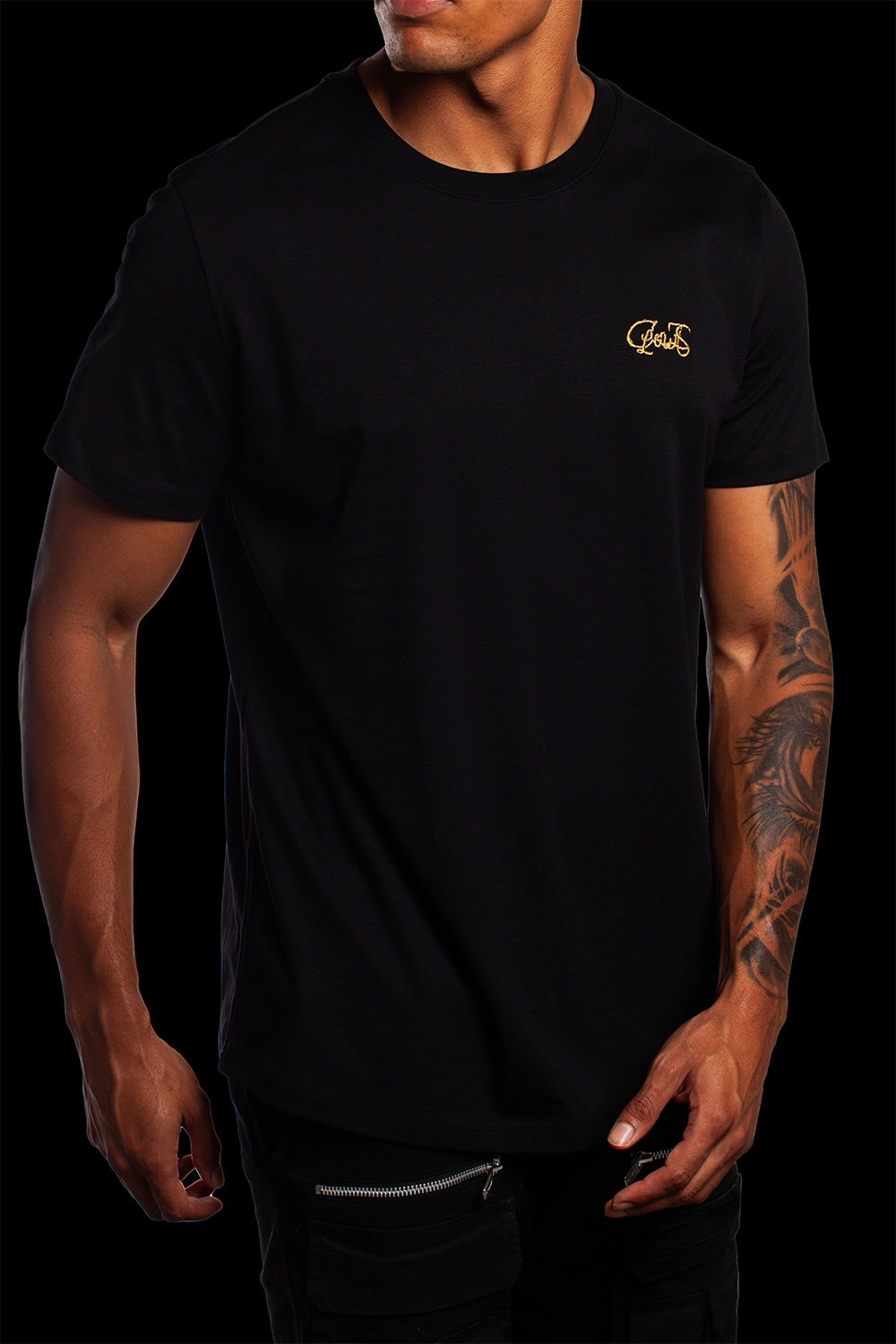 Black T Shirt embroidered with the worlds finest Piana Clerico 24-carat gold thread- made exclusively in Italy designed in Ireland