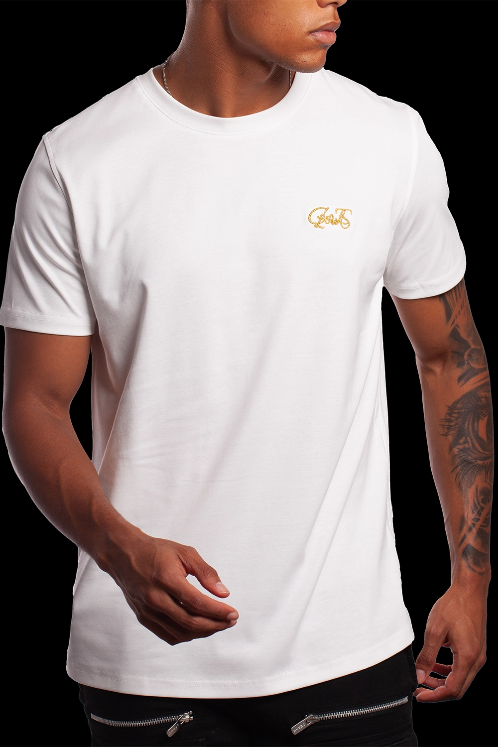 White T Shirt embroidered with the worlds finest Piana Clerico 24-carat gold thread- made exclusively in Italy designed in Ireland